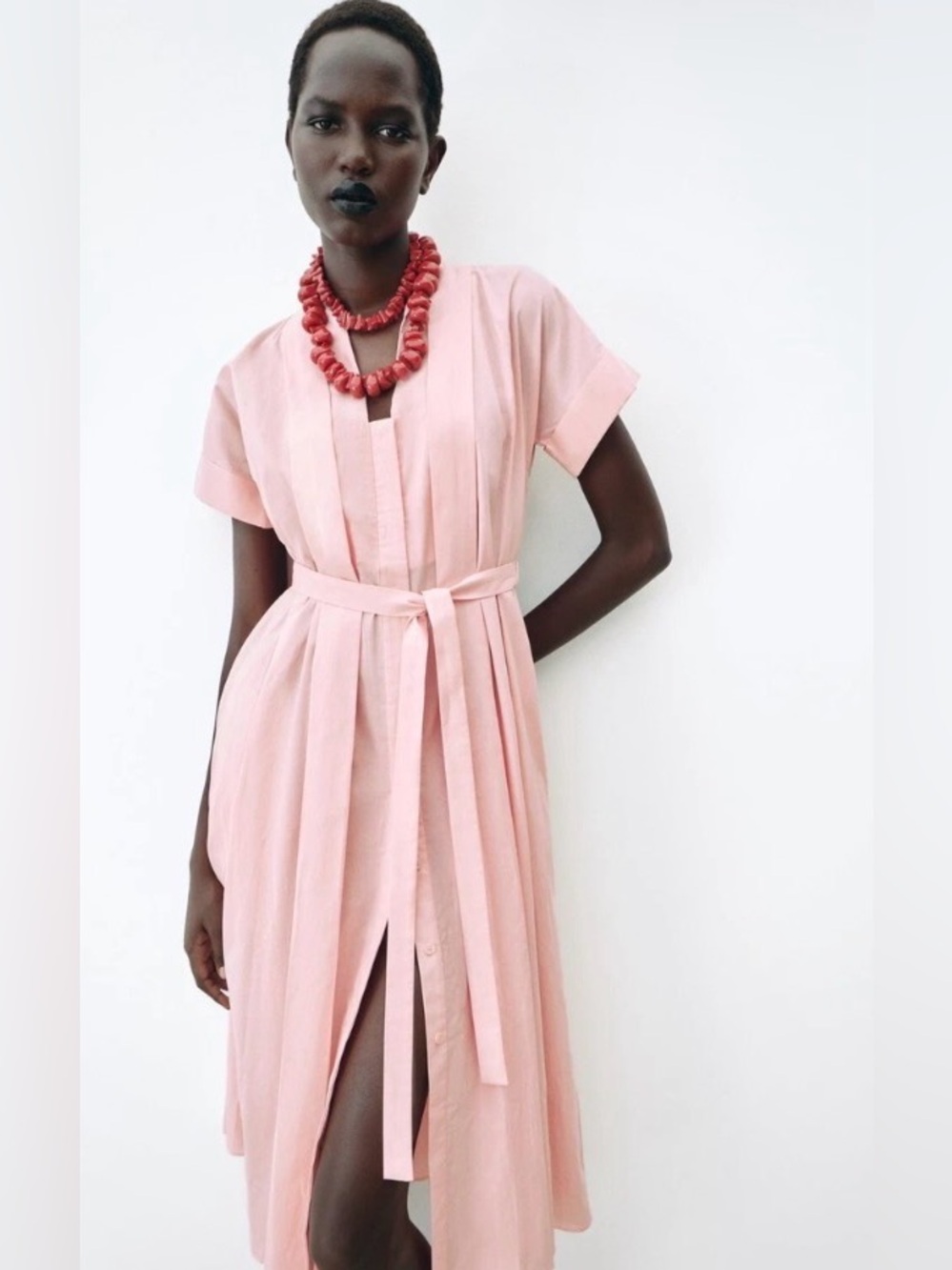 NWT Zara Poplin Cotton Midi Shirt Dress in light pink. Size Small